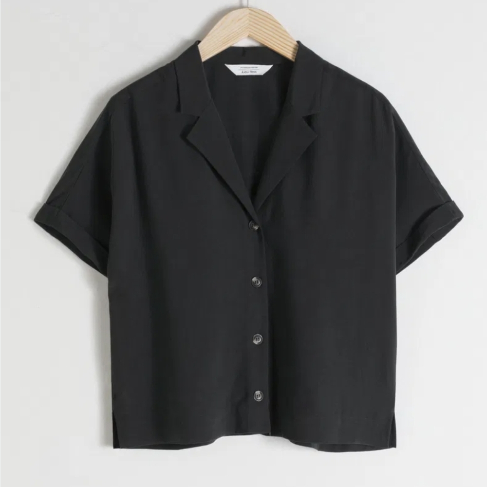 & Other Stories Black Notched Colar Button-Down Short Sleeve Blouse Top Size 0